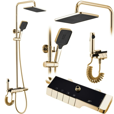 Sprchový set s termostatem Rea Rob zlatý - vanová baterie, dešťová, ruční a bidetová sprcha