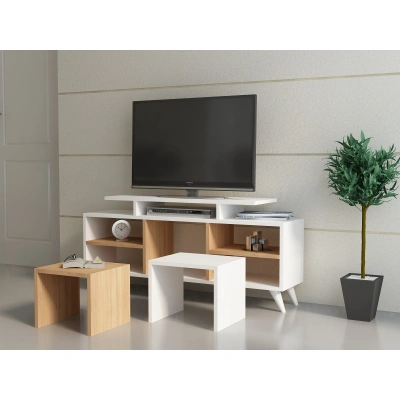 Kalune Design TV stolek KUTAY se stolky 120 cm bílý/teak